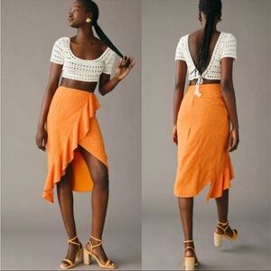 Maeve from Anthropologie Slim Ruffle Wrap Vibrant Orange Midi Skirt